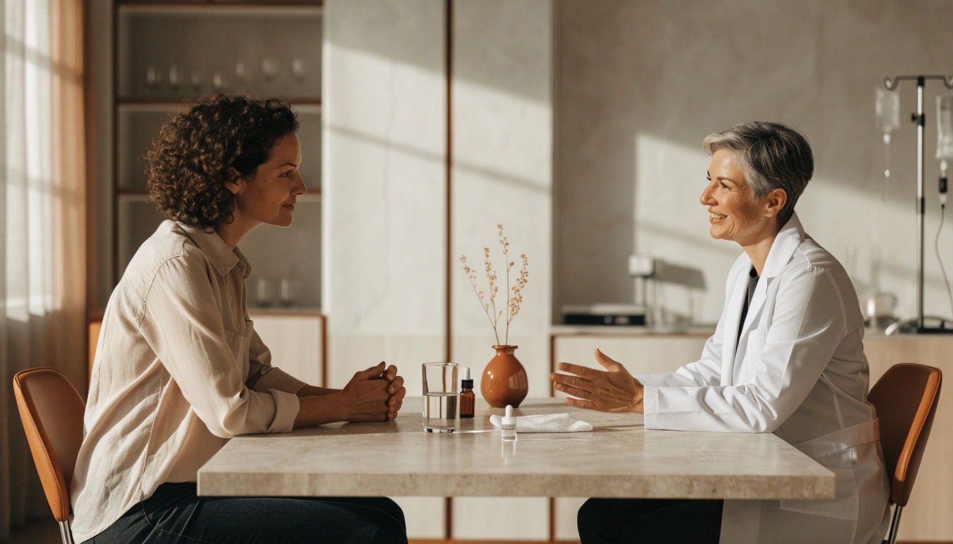 Intravenous treatment. Professional nurse in blue gloves and uniform checking IV drip infusion for a smiling young woman in a medical clinic. Healthcare and medicine concept in modern hospital.